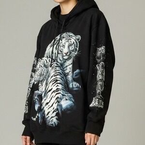 Hot Rock Mens‎ Black White Tiger Hoodie Sweatshirt M Y2K Street all over print
